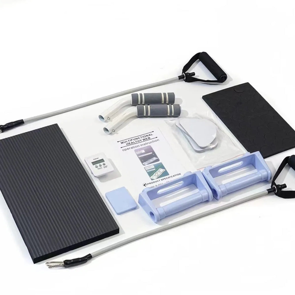Purple, black, and pink foldable PP plastic belly panel fitness board on a white background.