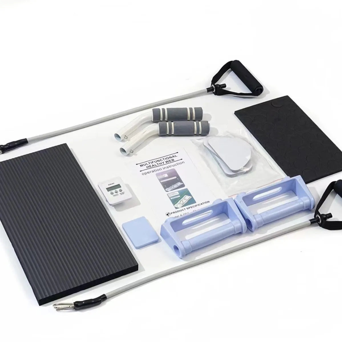 Purple, black, and pink foldable PP plastic belly panel fitness board on a white background.