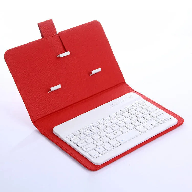 Bluetooth keyboard holster in black with phone inserted, showing stand function and keyboard layout