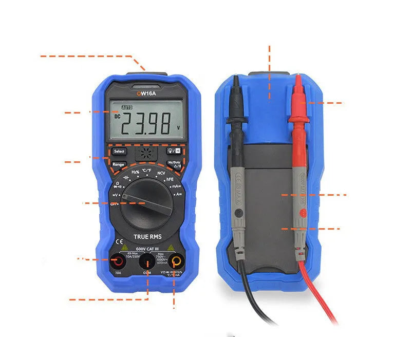Handheld digital multimeter with NCV voltage sensing and temperature measurement functions