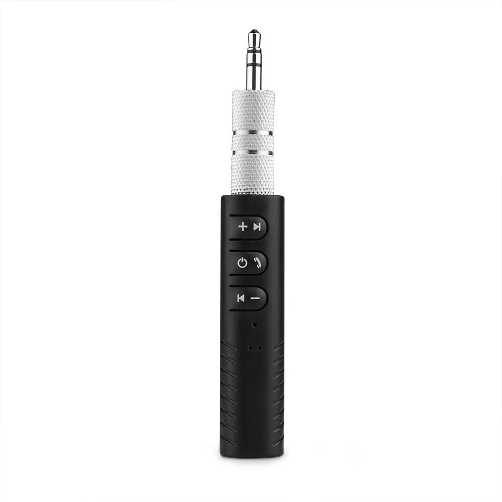 Black plastic Bluetooth audio receiver with 3.5mm plug and Mini USB port, size 1.4 x 1.5 x 5.8 cm