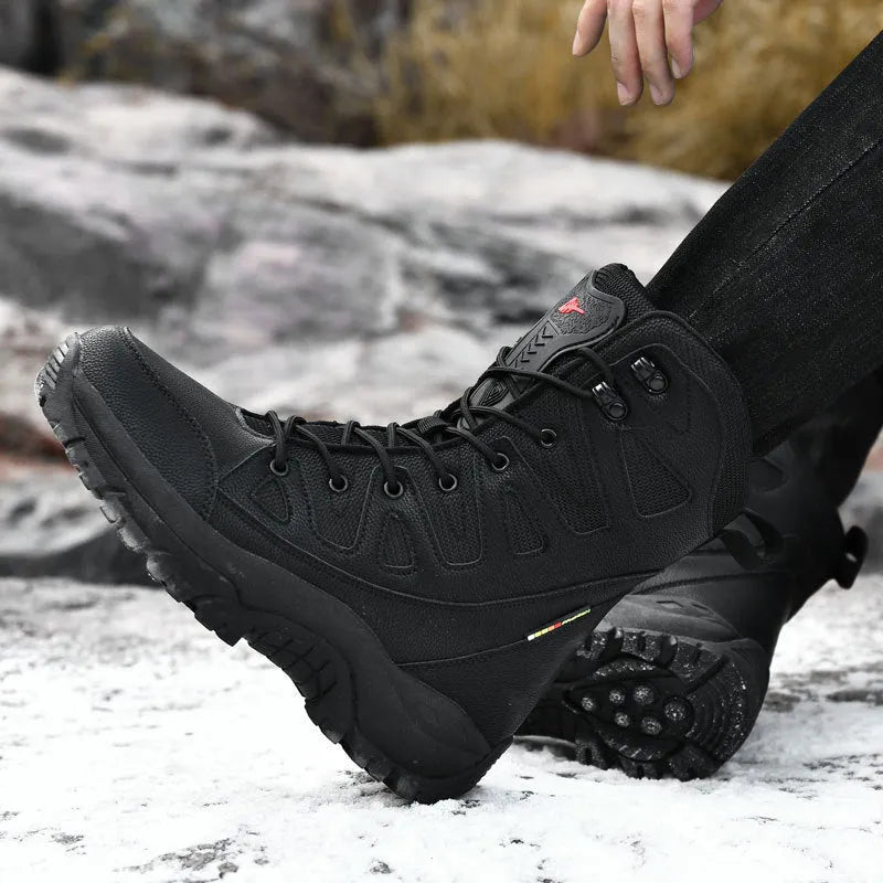 Men's cowhide leather hi-top hiking shoes in beige colour on outdoor terrain