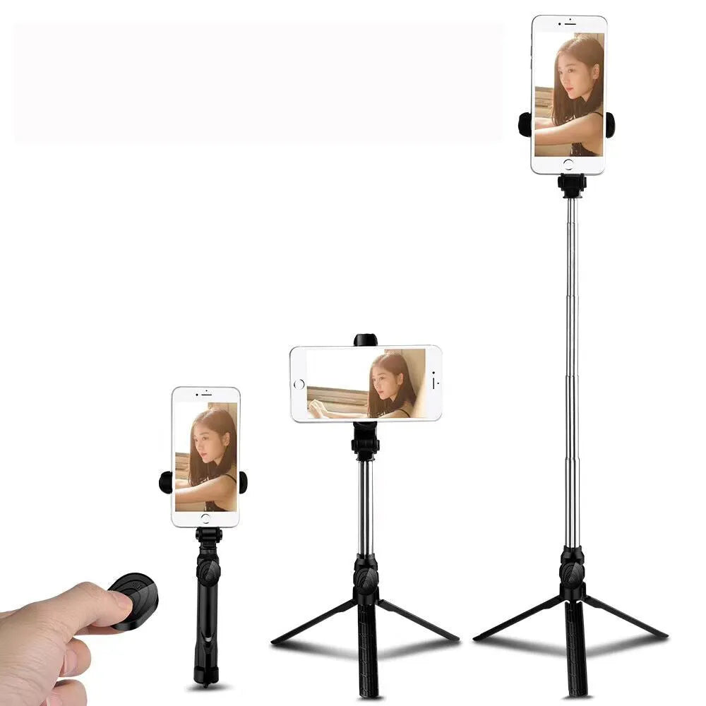 Black Bluetooth tripod selfie stand for iPhone with extended legs and rotating phone clip
