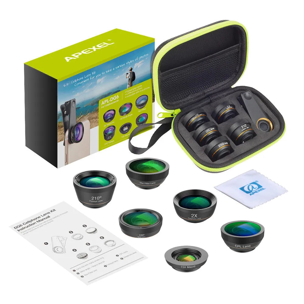 Black 6-in-1 smartphone camera lens kit with fisheye, wide angle, macro, telephoto lenses and universal mounting clip