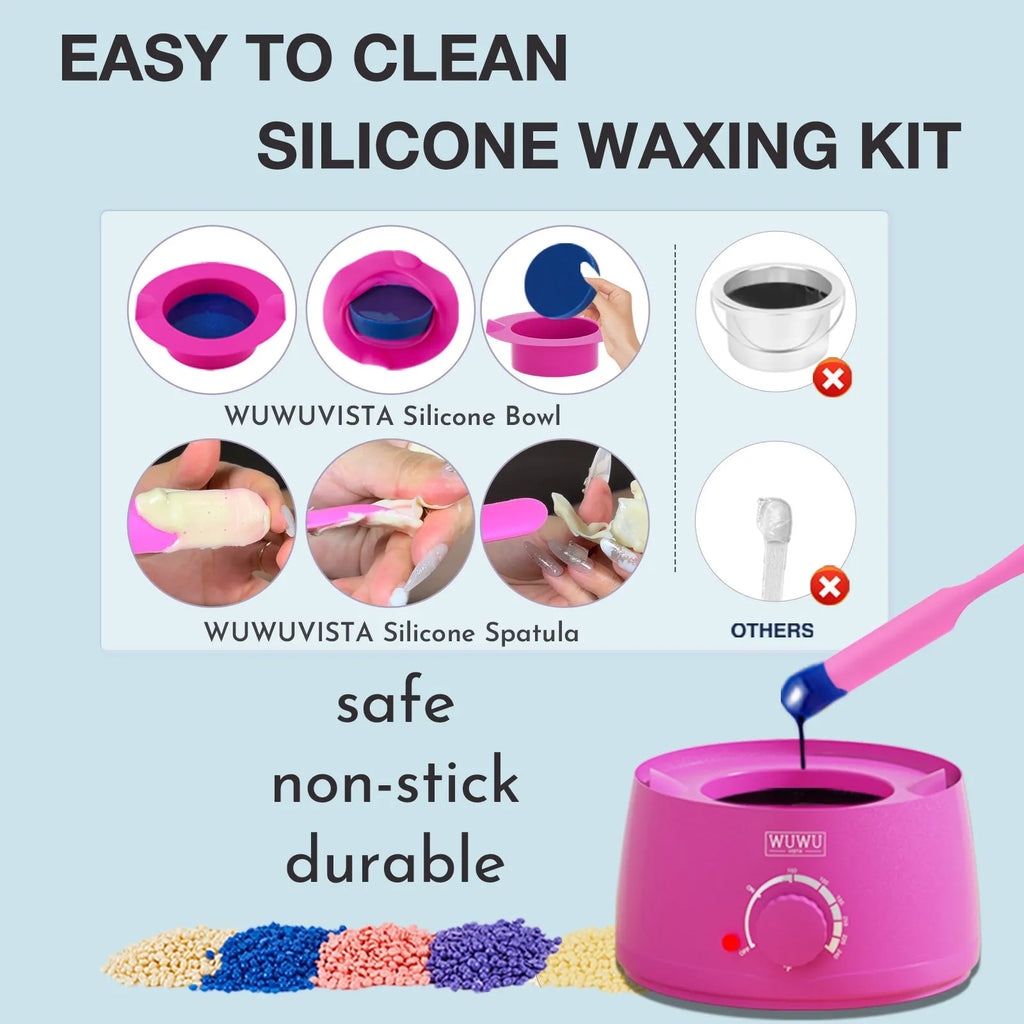 WUWUVISTA 63-piece waxing kit with black or pink wax warmer, wax beans, applicator sticks, and accessories