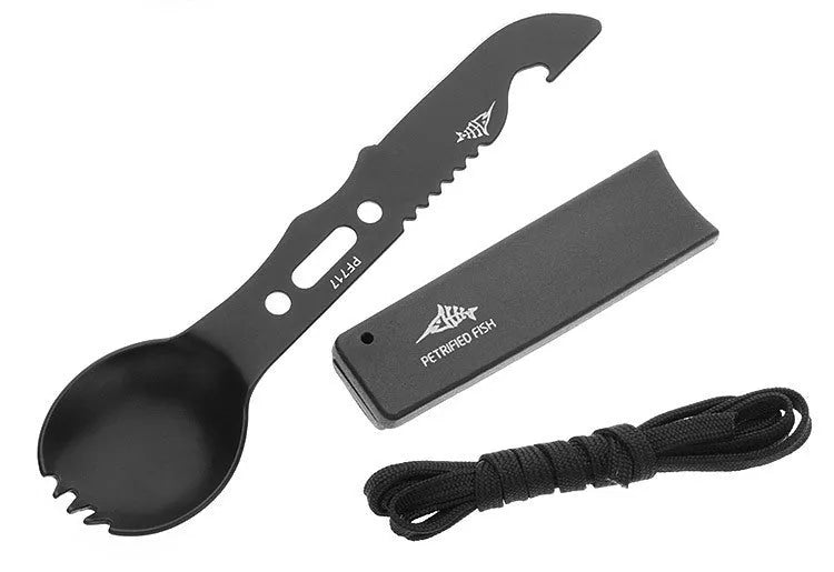 3Cr13 stainless steel outdoor spoon fork knife set with whistle 15.7cm camping tool black colour