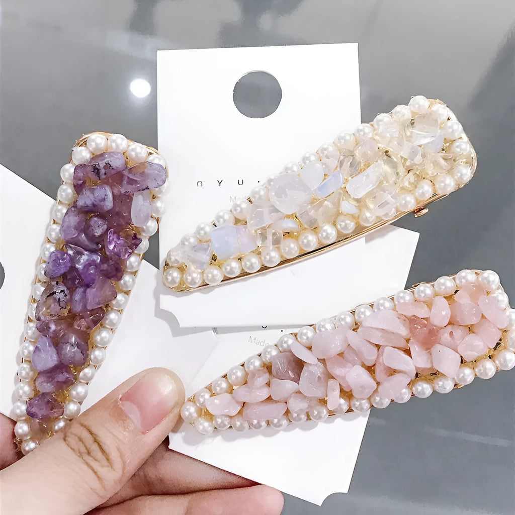 8cm crystal stone metal hairpin on neutral background showing green colour option
