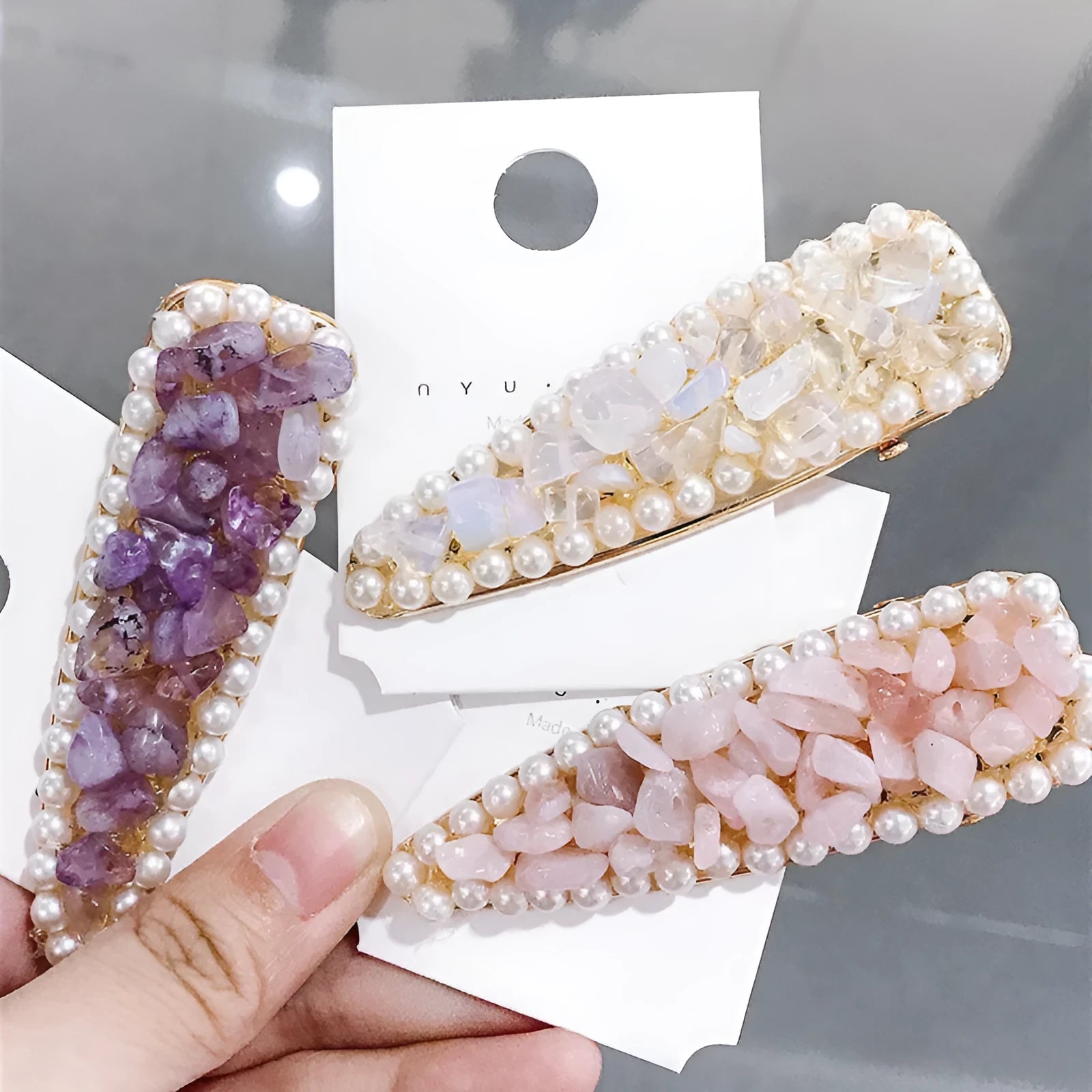 8cm crystal stone metal hairpin on neutral background showing green colour option