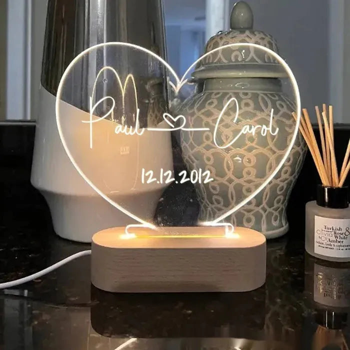 Custom LED night light with engraved names and date on transparent acrylic panel