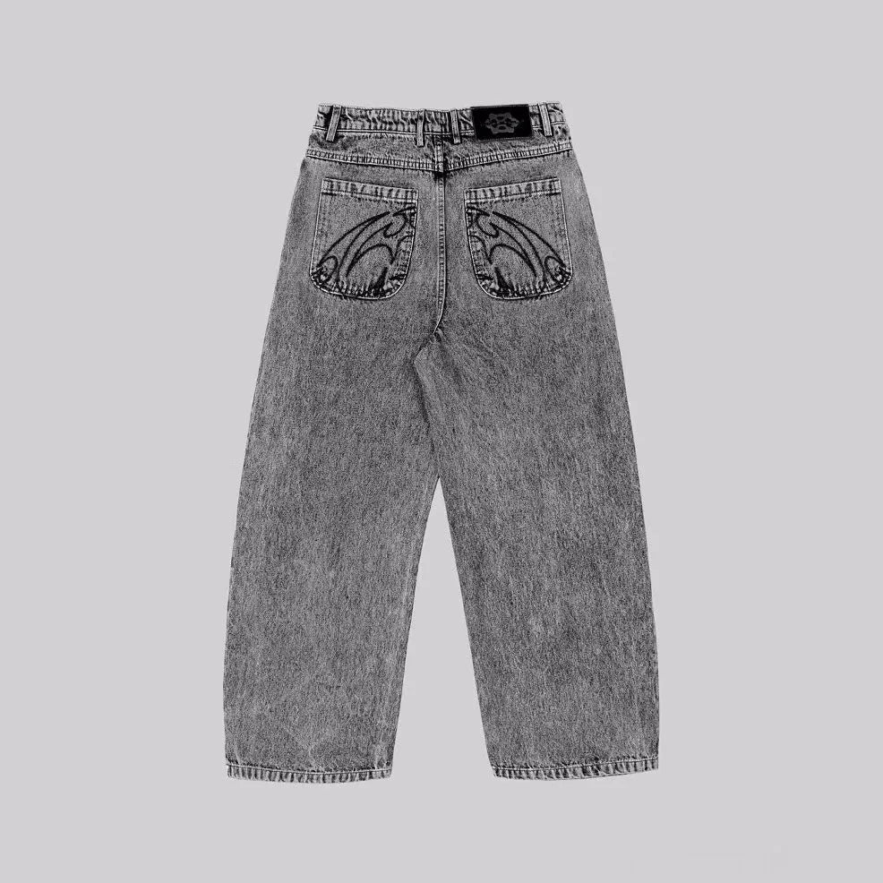 Grey loose-fit straight-leg cotton denim trousers on a mid-waist, shown from the front.