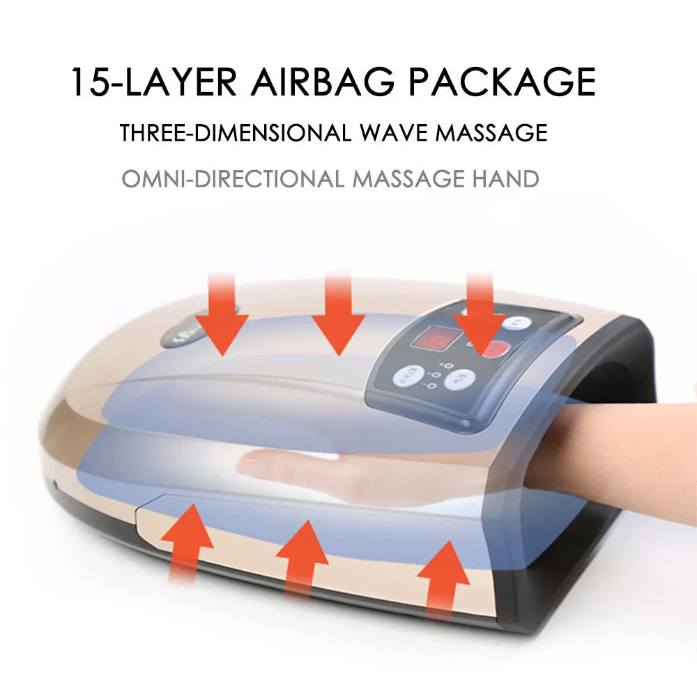 Electric heated palm massager in Pearl White with hand inside, showing 6W power and dimensions 265x220x90mm