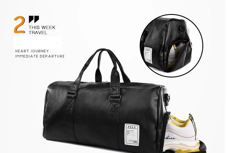 Black waterproof sports bag with shoe compartment and diagonal straps shown in two size options