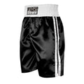 Black and white striped boxing shorts with elastic waistband and side slits for kickboxing training.