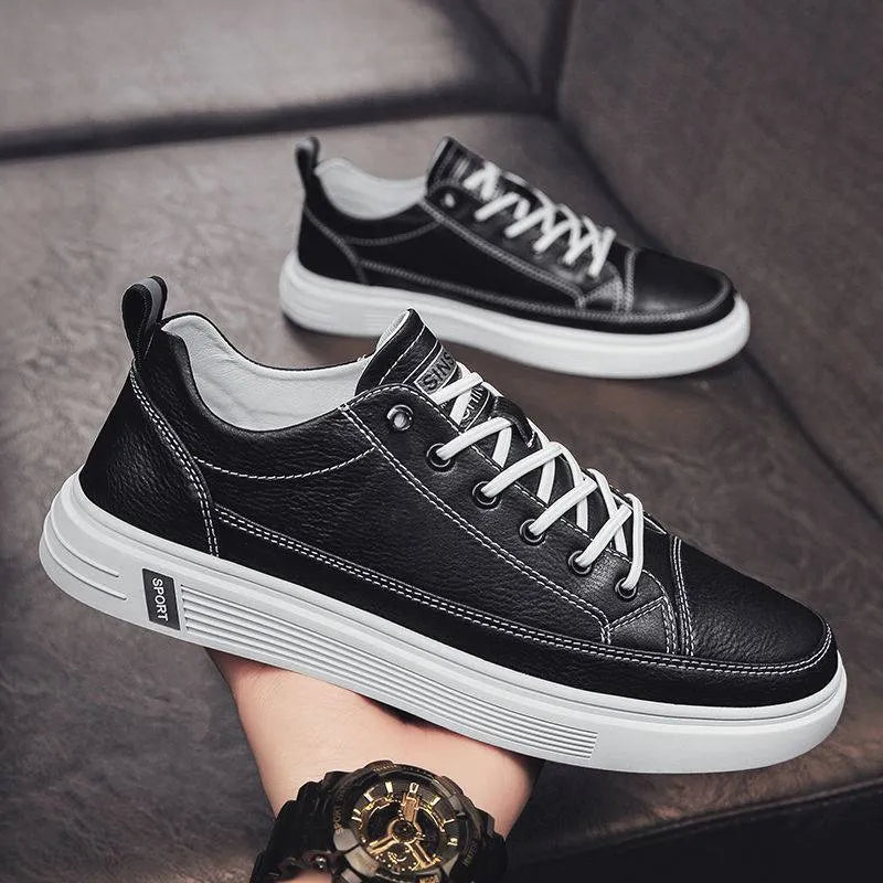 Men's white casual PU shoes with round toe and low heel on beige background