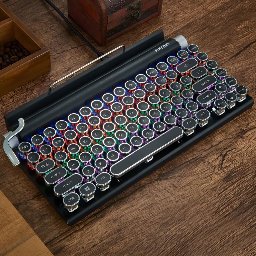 Black retro typewriter mechanical keyboard with Bluetooth connectivity and seven-colour backlight