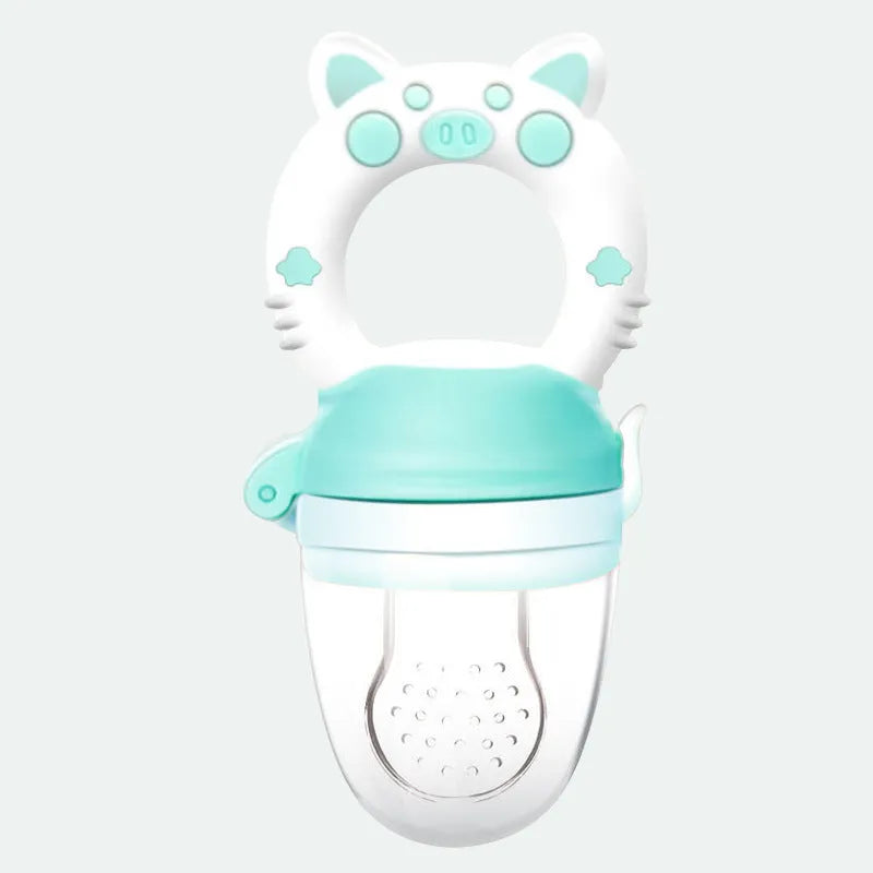 A blue silicone baby teether with a textured mouthpiece for chewing.