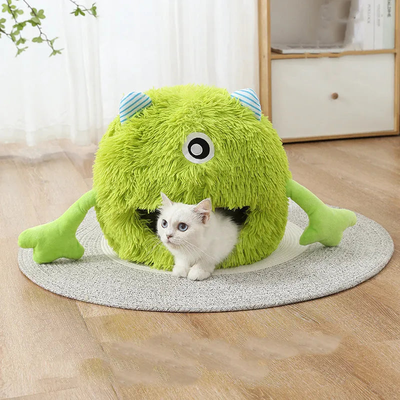 Round fluffy cat bed with plush material and non-slip base in three size options