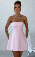 Women's backless solid colour tube dress with A-line skirt and high waist design