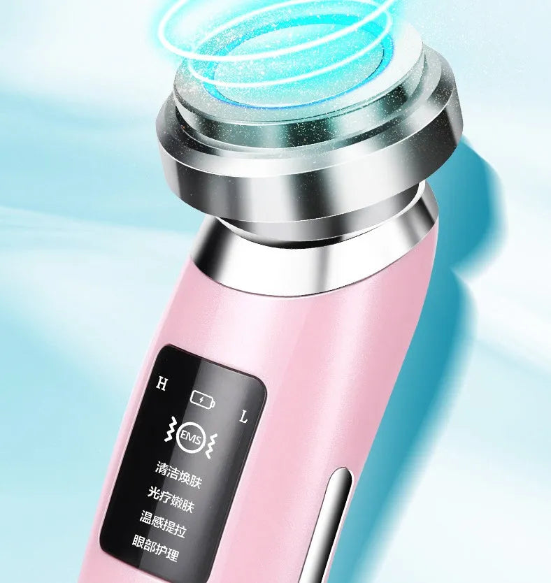 Pink skin rejuvenation cleansing beauty instrument with ion and EMS technology, 185x50x35mm