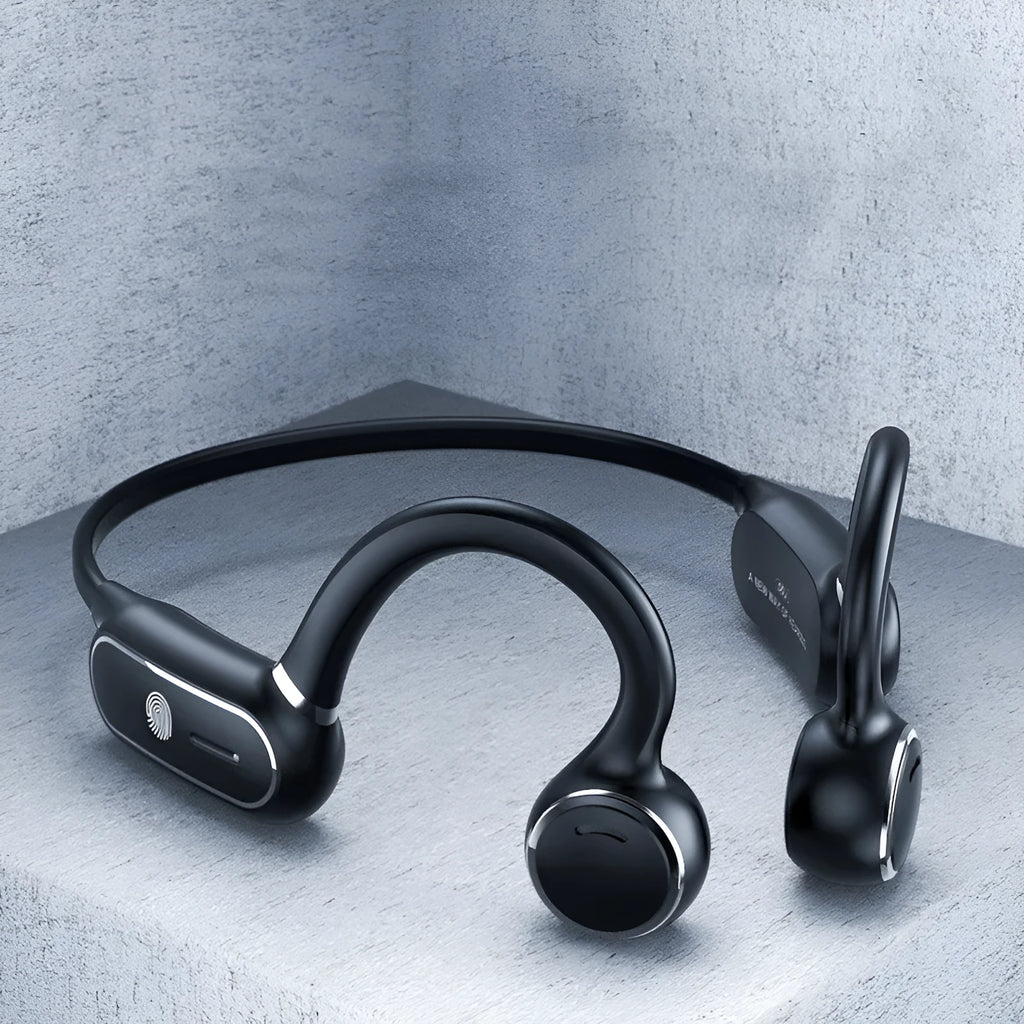 Black air conduction Bluetooth earphones with titanium wire frame showing ear-hook design