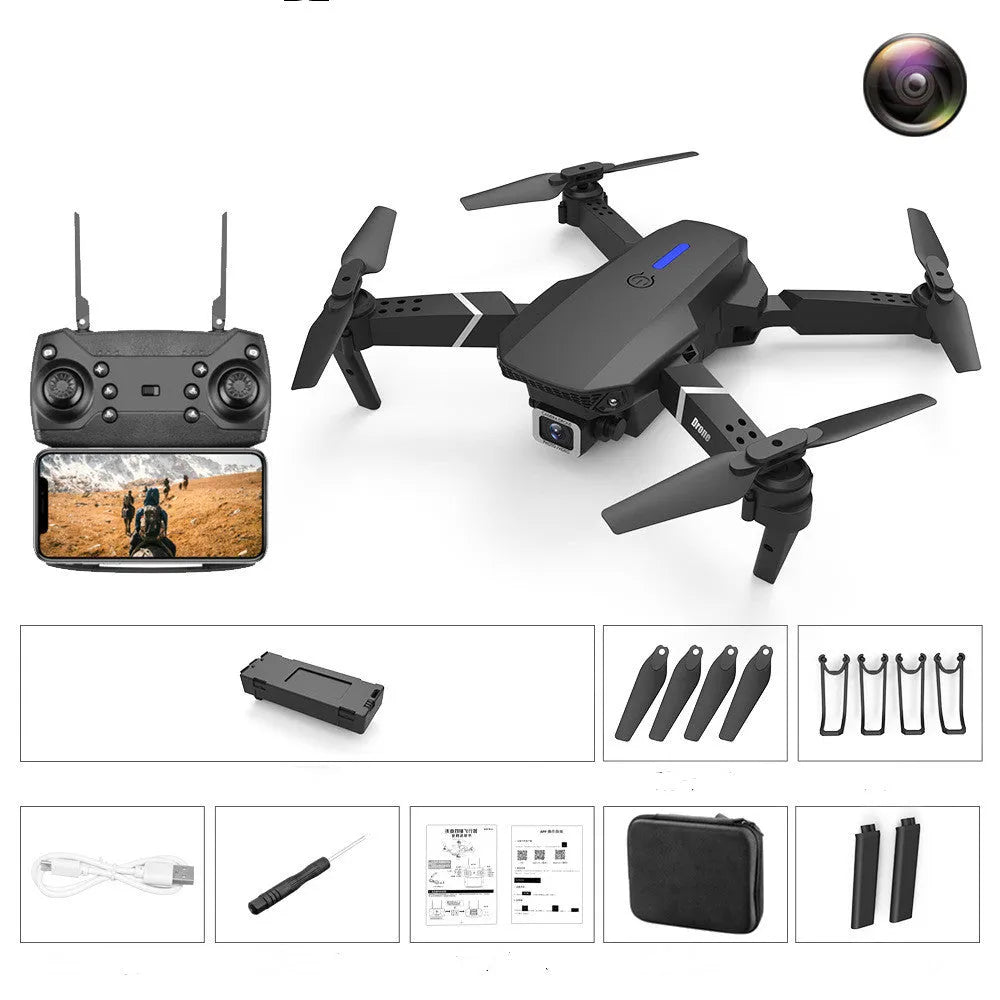 LSRC LS-E525 foldable 4K dual camera quadcopter drone with black and white body, arms folded