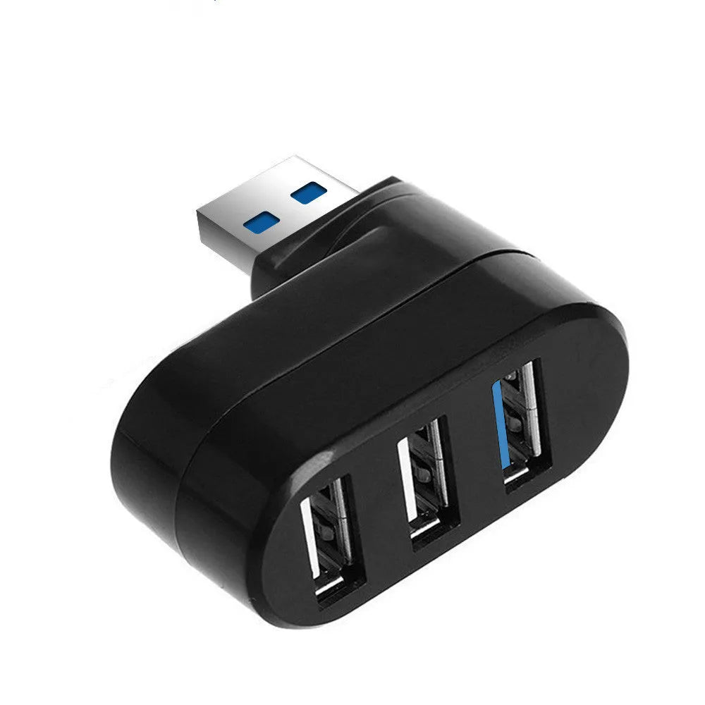 Black and white USB rotary splitter hub showing four USB 3.0 ports on compact ABS casing