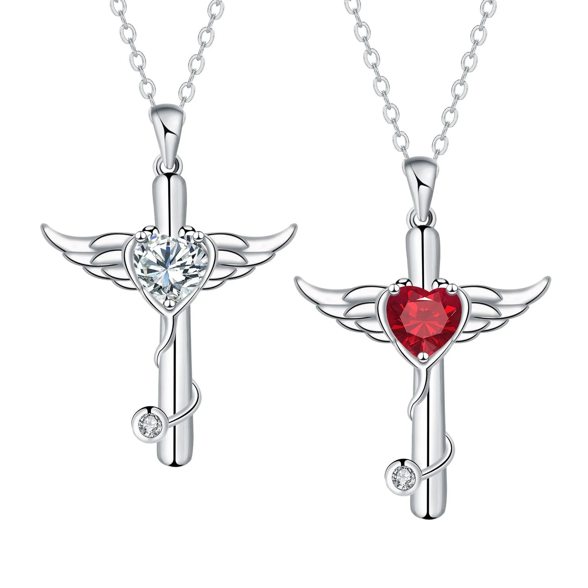 Copper cross stethoscope necklace with wings charm in white diamond or red diamond electroplated finish