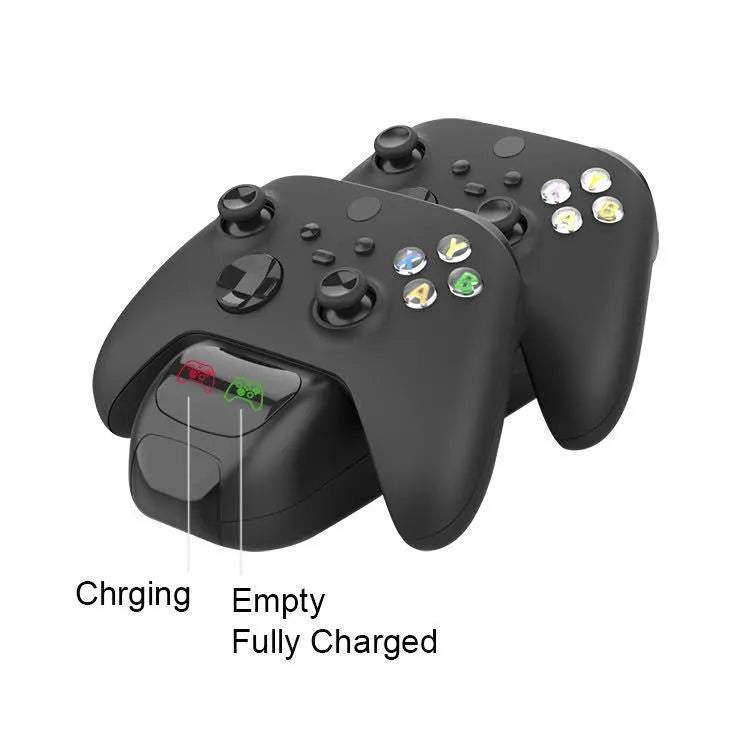 Black Xbox Series X twin controller charging dock with LED lights, showing two controllers on charge.