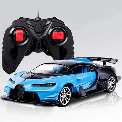 1:16 scale blue remote control racing car with LED lights and airflow line body on a surface