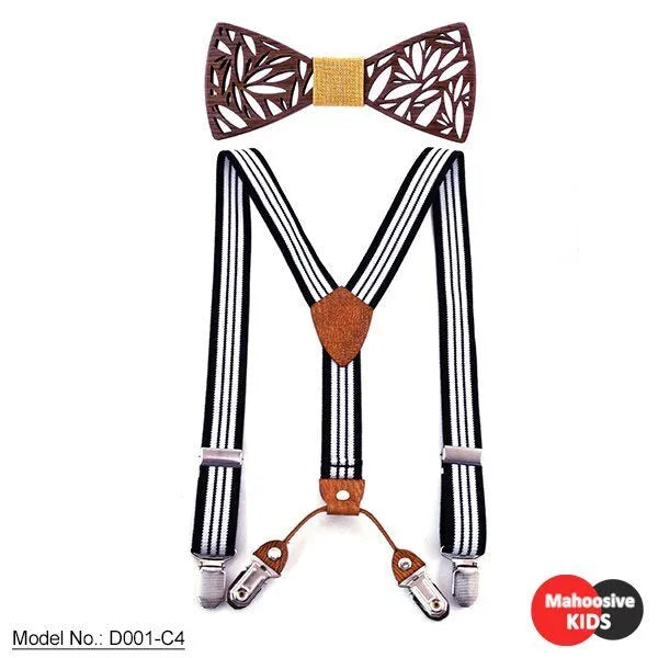 Children's wooden bow tie with matching striped suspenders and belt for boys, nine colour options available.