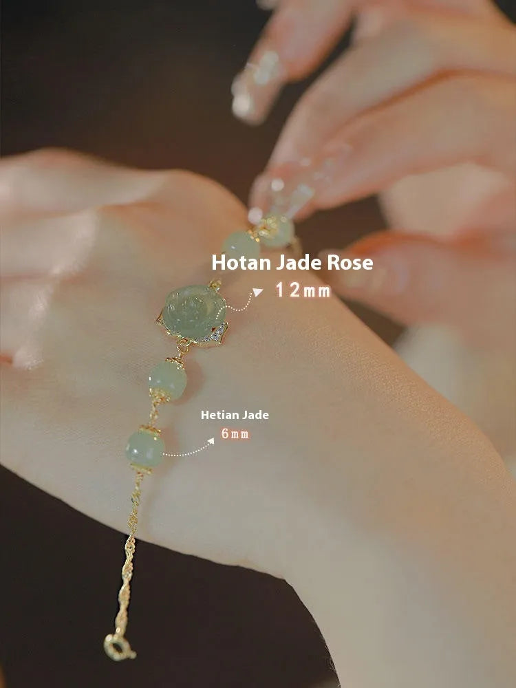 Original design women's bracelet in Hetian jade rose with 14K gilding and a flower shape.