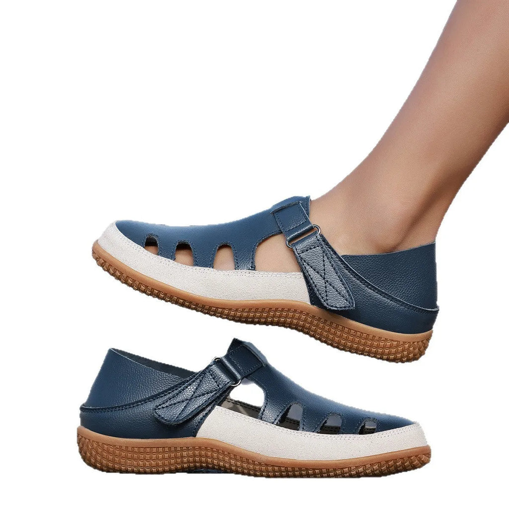 Plus size women's flat heel sandals with hollow breathable design in blue, red and white colours