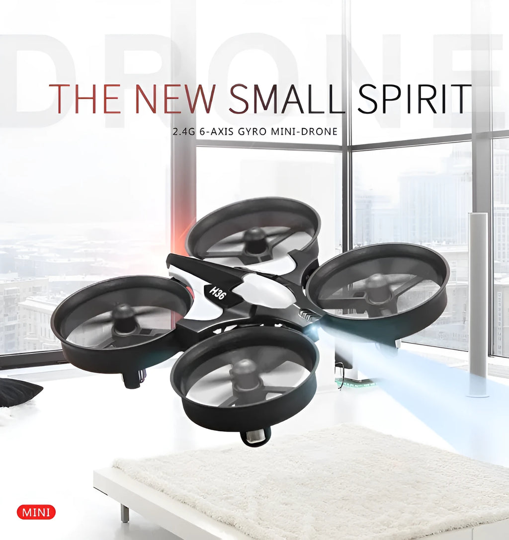 JJRC H36 mini drone in blue with protective fan guard and USB charging line on a white background