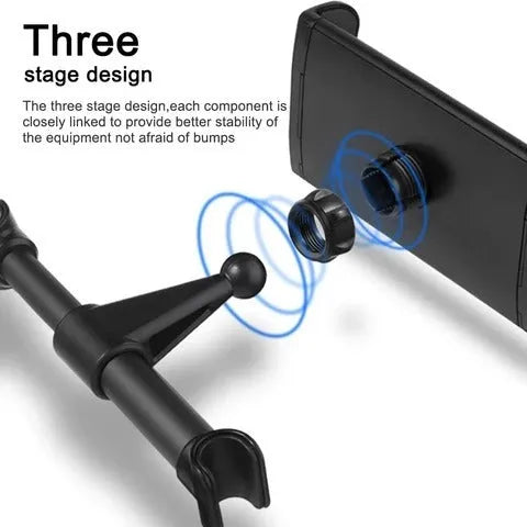 Black universal car phone holder mounted on rear seat centre armrest with tablet secured in snap-in mount