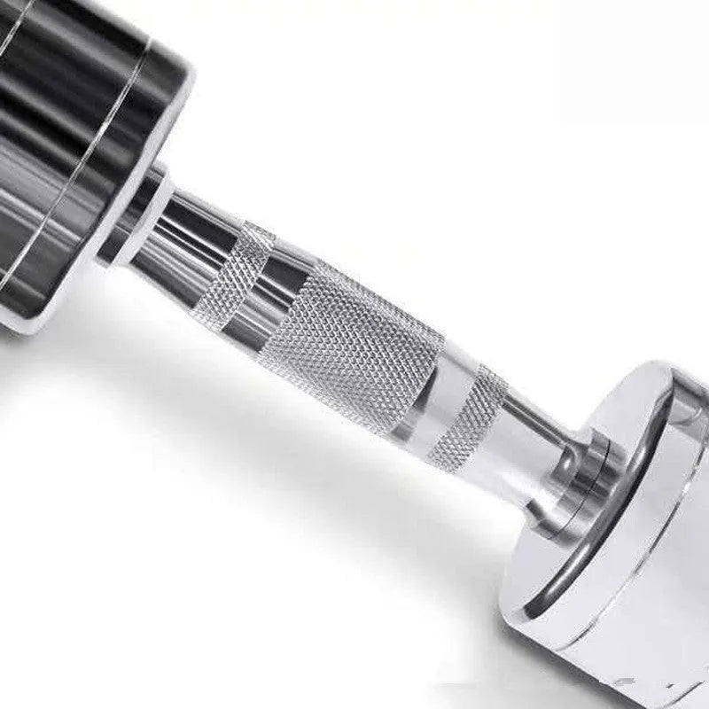 Pure steel electroplated dumbbell with silver finish and date-core rod handle