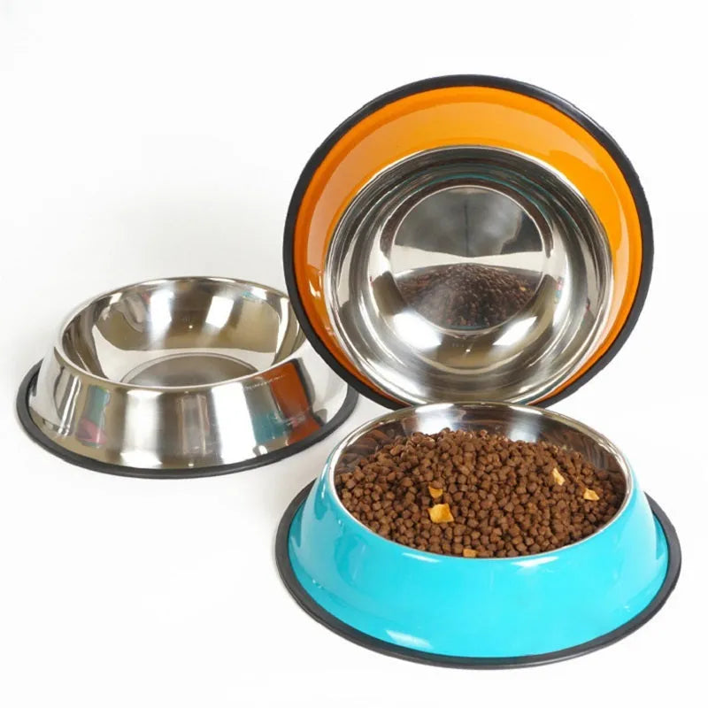 Dual-part stainless steel and melamine pet bowl with non-slip silicone base in assorted colours