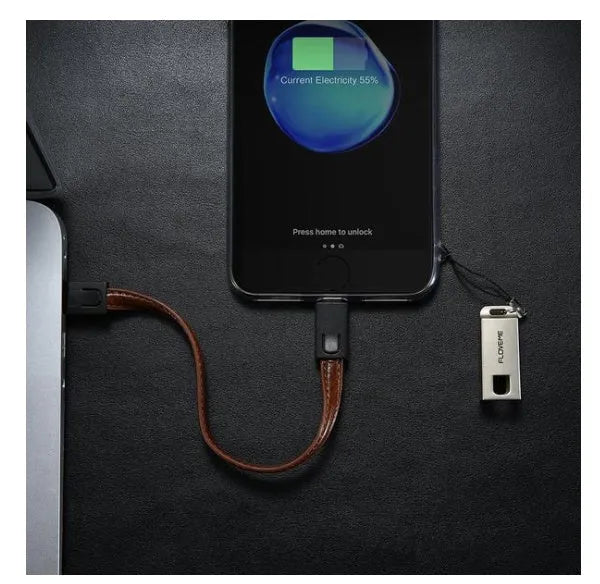20cm leather iPhone lightning charging cable in black, brown and red colours with zinc alloy connectors