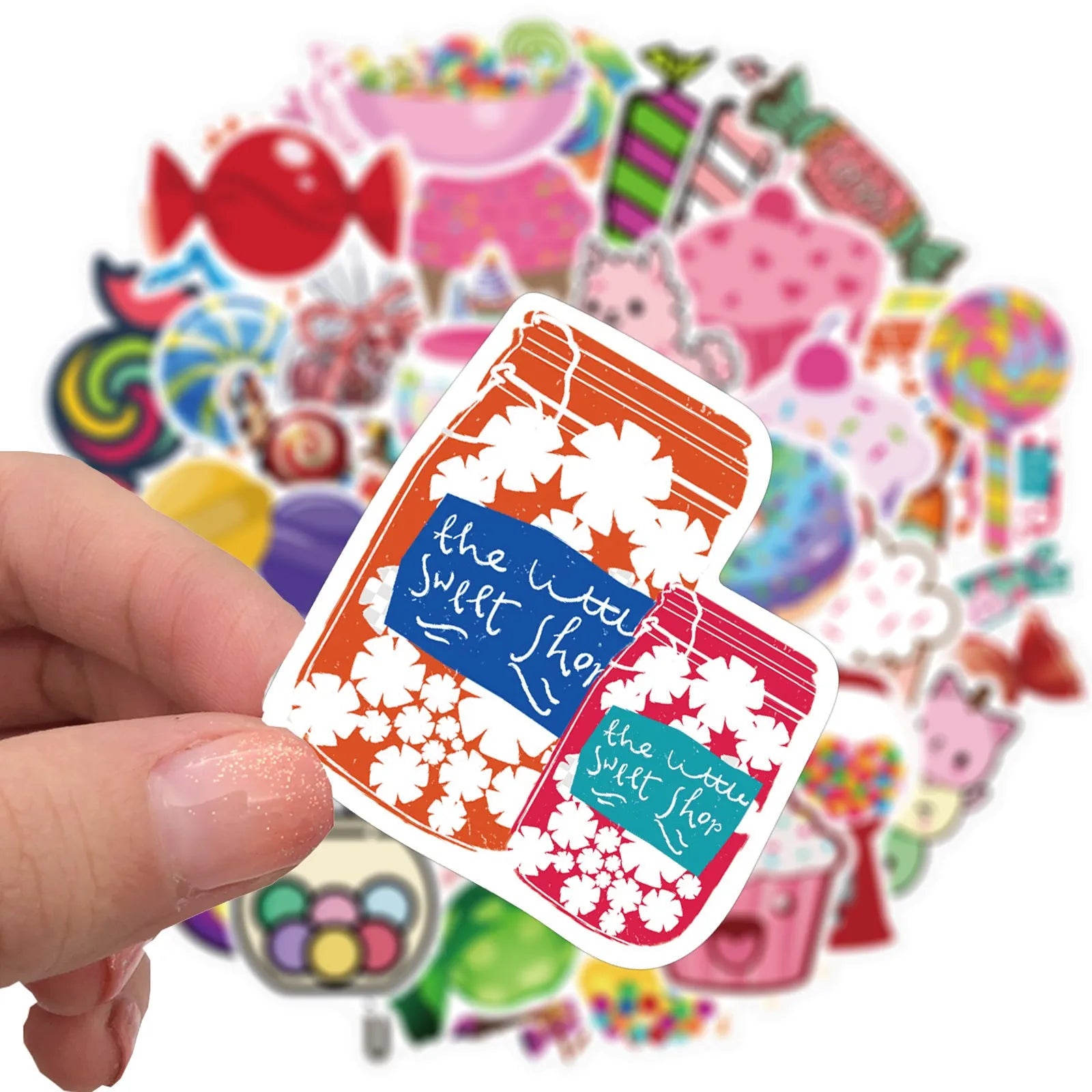 Pack of 50 colourful Candy series graffiti and cartoon vinyl stickers, each 4-6 cm long.