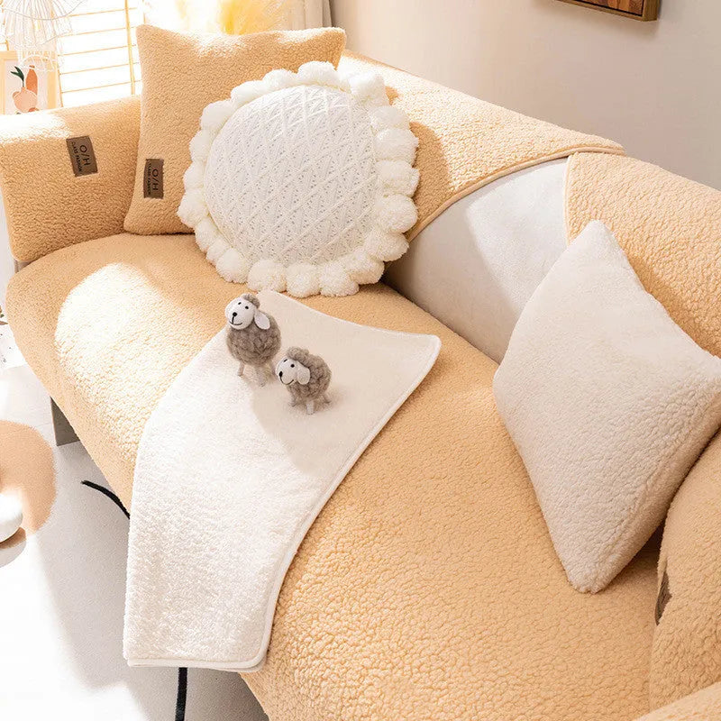 Fashion simple solid colour lambswool sofa cushion cover in beige on a living room sofa