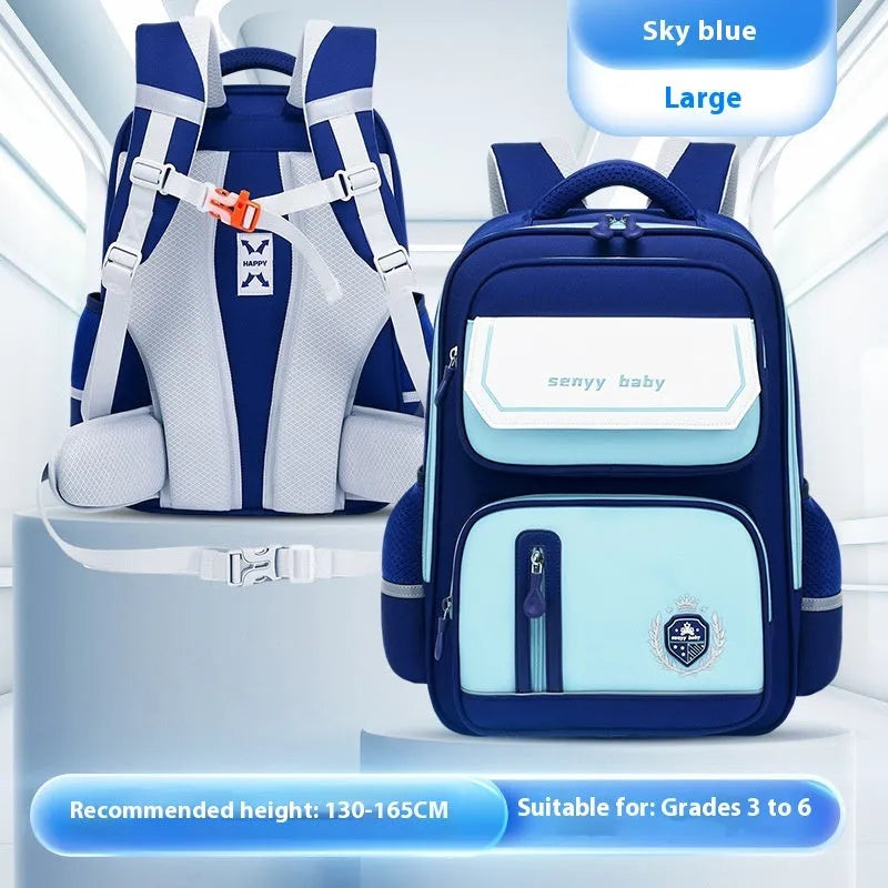 Children's spine protector backpack in blue, made of water-repellent Oxford cloth, size 38x30x15cm