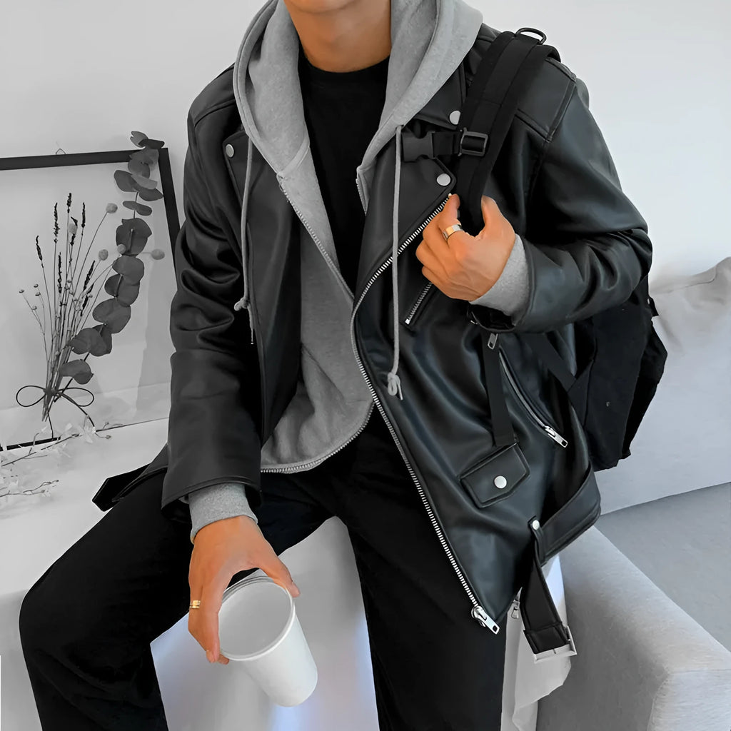 Men's Korean style slim-fit black faux leather motorcycle jacket with zipper front and suit collar