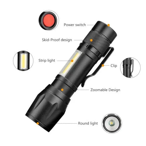 Black aluminium alloy mini torch with adjustable zoom focus and clip for pocket carry