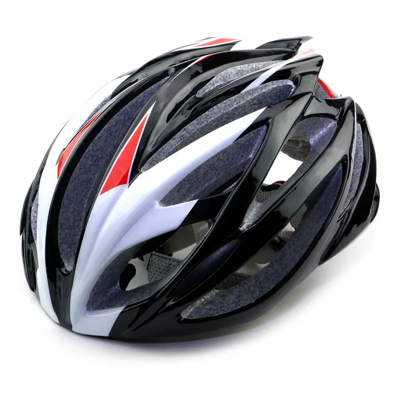 Bicycle integrated helmet in black and red with PC EPS construction and lock design