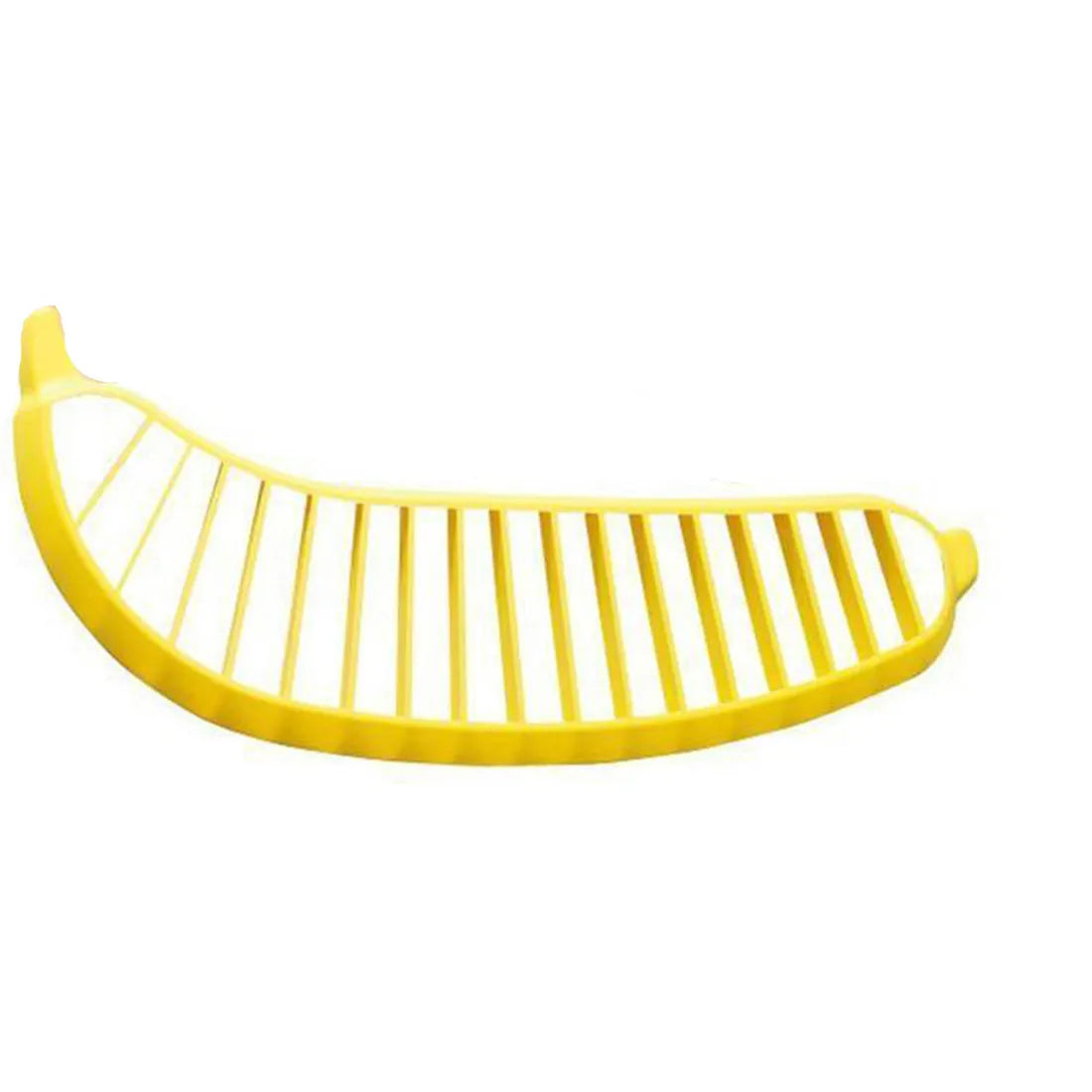 Yellow banana cutter slicer made from food-grade PP plastic, 25 x 7 x 1.4 cm, on a light background