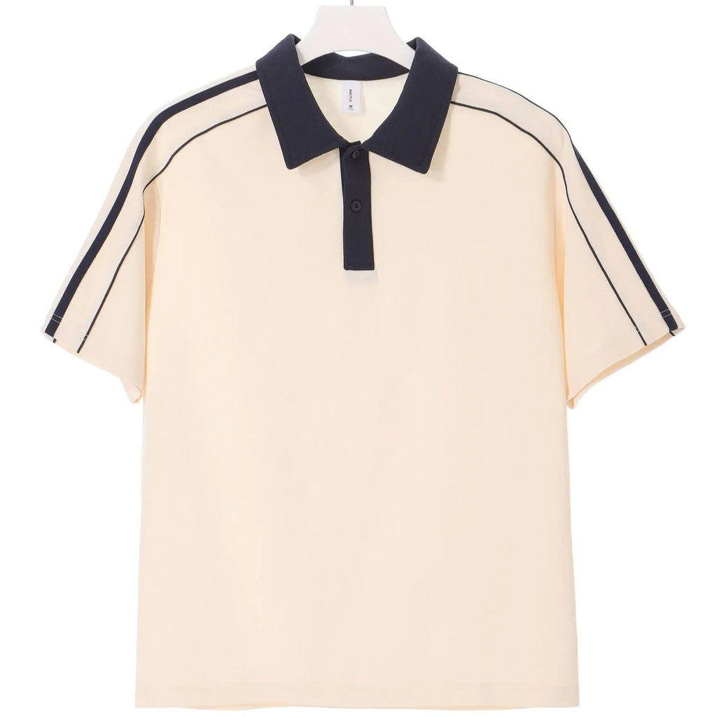 Casual lapel short sleeve T-shirt in cotton blend with loose drop shoulder fit, available in multiple colours