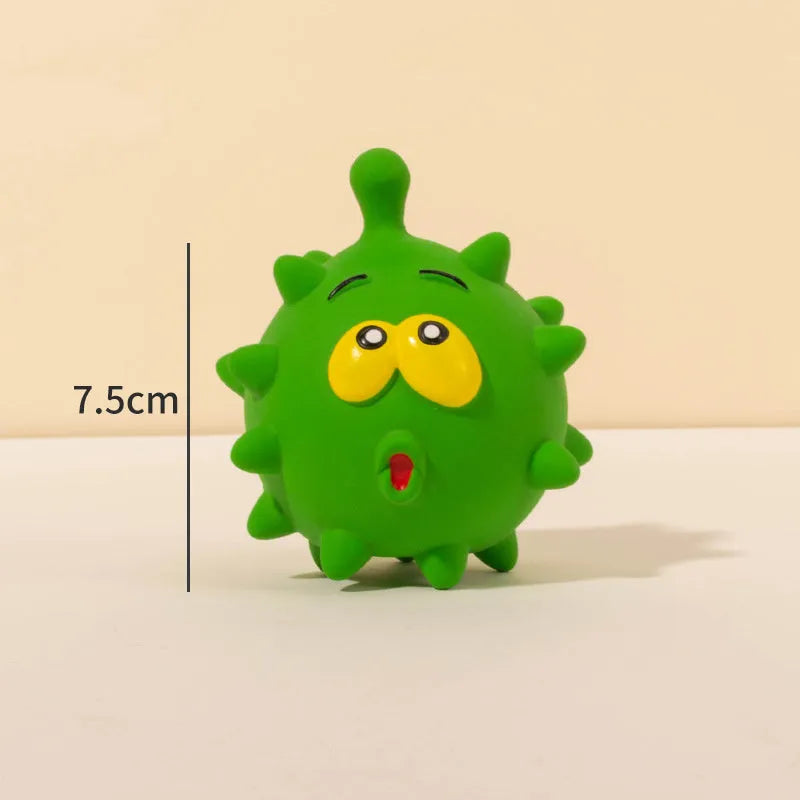 Four colourful latex squeaky dog balls with bumpy texture and cute faces for dental cleaning during play