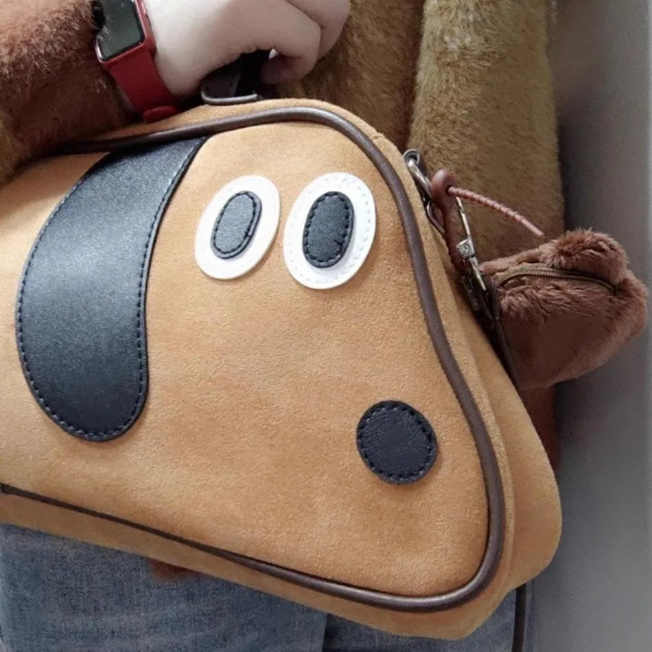 Virtue Pull Sausage Dog cute large capacity crossbody shoulder bag in toast brown cotton