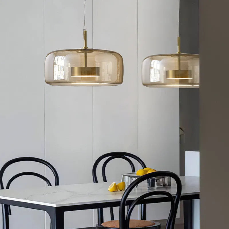 Glass ceiling chandelier with LED warm light in Cognac finish for living room or bedroom, 5-10sqm coverage area