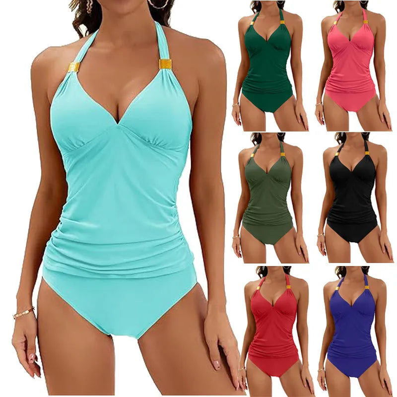 Women's red halter neck two-piece swimsuit with high-leg briefs