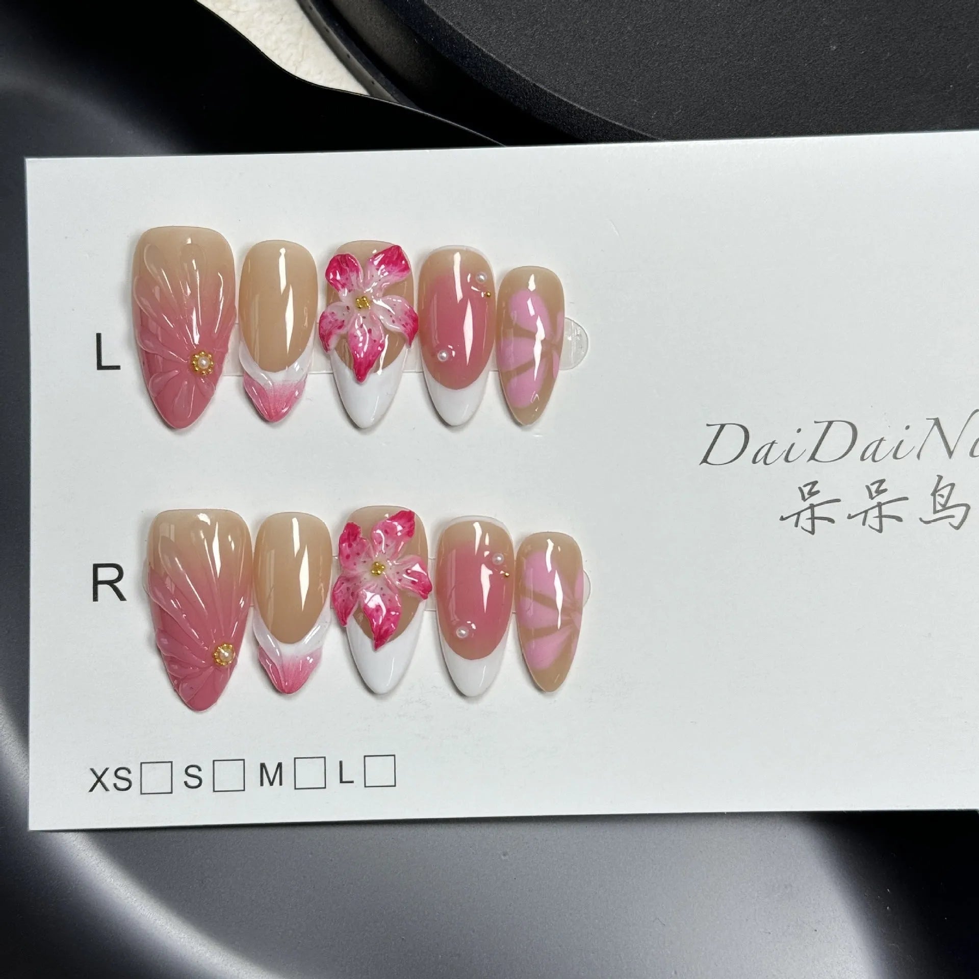 French style three-dimensional lily fluid ice flower artificial nails with almond shape designs